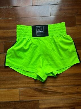 Zumba Fitness Neon Lime High-Waist Athletic Shorts with Black Trim